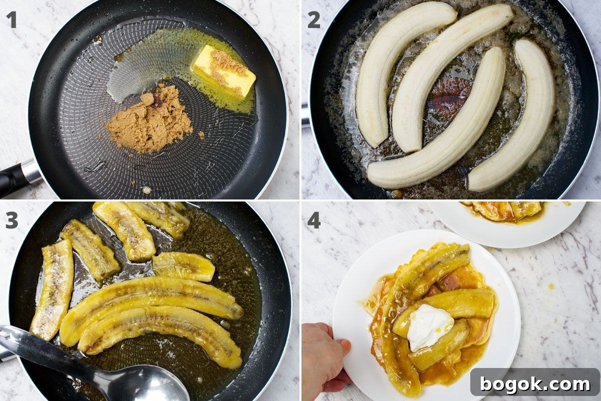 Fluffy Pancakes with Caramelized Bananas and Maple Topping 6 4 images showing how to caramelise bananas for banana pancakes: melt brown sugar and butter, add bananas halved lengthwise, let cook, serve.