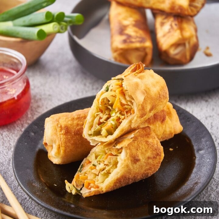 Two fried egg rolls with one sliced in half and stacked on top of each other.