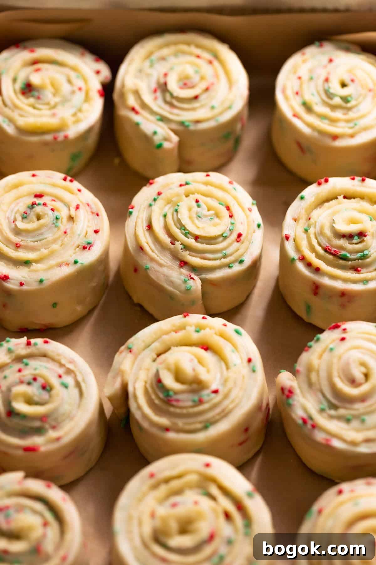 Unbaked sugar cookie rolls with tight spirals and holiday sprinkles in a baking pan.