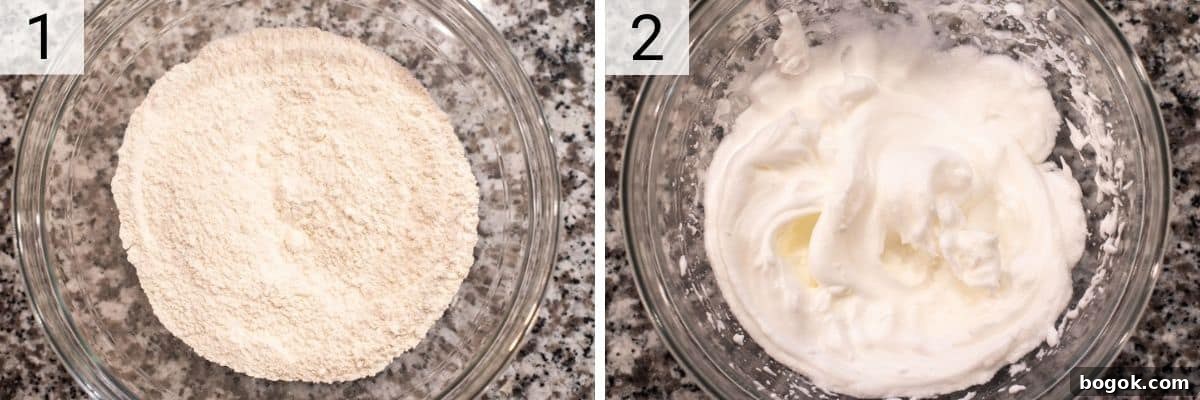 Decadent Nutella-Stuffed Waffles for Brunch or Dessert 4 process shots of mixing dry ingredients in bowl and whipping egg whites