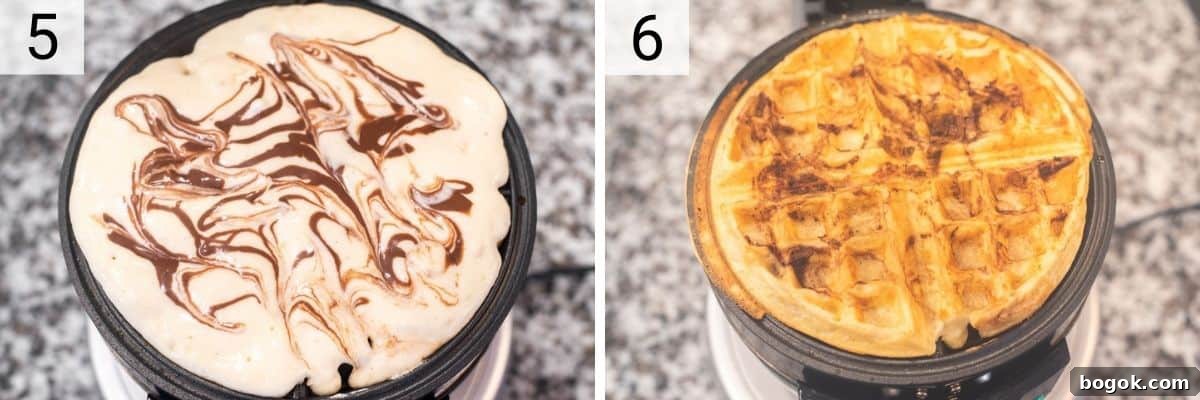 Decadent Nutella-Stuffed Waffles for Brunch or Dessert 6 process shots of adding batter to waffle maker and swirling in nutella