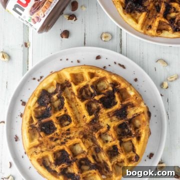 Decadent Nutella-Stuffed Waffles for Brunch or Dessert 8 overhead shots of Nutella waffles on plates