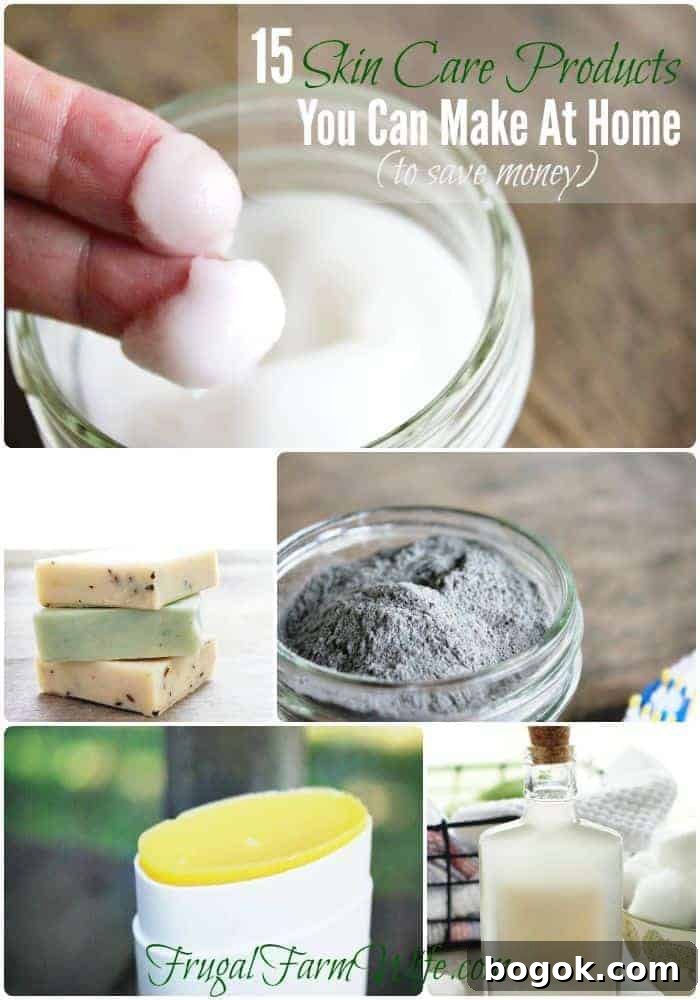 15 DIY Skincare Products You Can Make at Home to Cut Costs 2 Image shows a collage of photos with skin care products and text that reads '15 Skin Care Products You Can Make at Home (to Save Money)'
