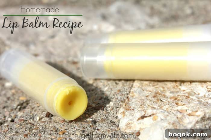 15 DIY Skincare Products You Can Make at Home to Cut Costs 3 Image shows a tube of homemade lip balm, with text that reads 'Homemade Lip Balm Recipe'
