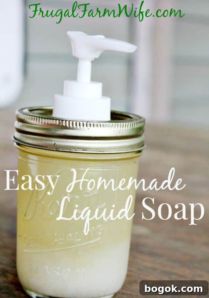 15 DIY Skincare Products You Can Make at Home to Cut Costs 7 Image shows a jar of homemade soap with text that reads 'Easy Homemade Liquid Soap'