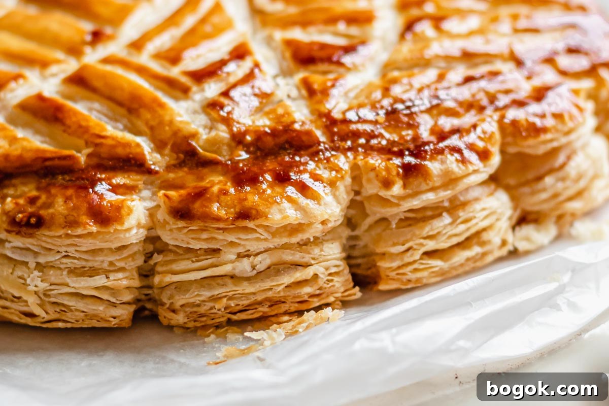 The flaky edges of baked rough puff pastry.