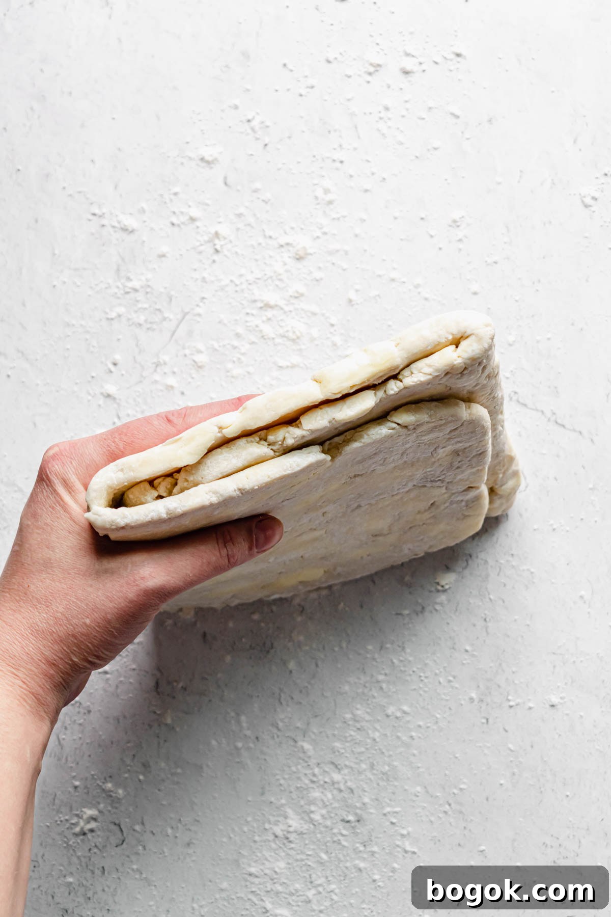 A hand holds the dough up to show the trifold inside.