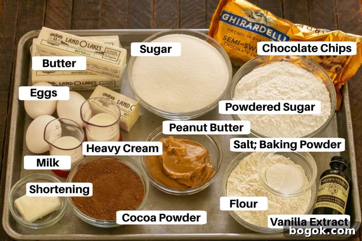 Peanut Butter Truffle Brownies Recipe — Decadent Chocolate Treat 2 Peanut butter truffle brownie ingredients with labels on a sheetpan.