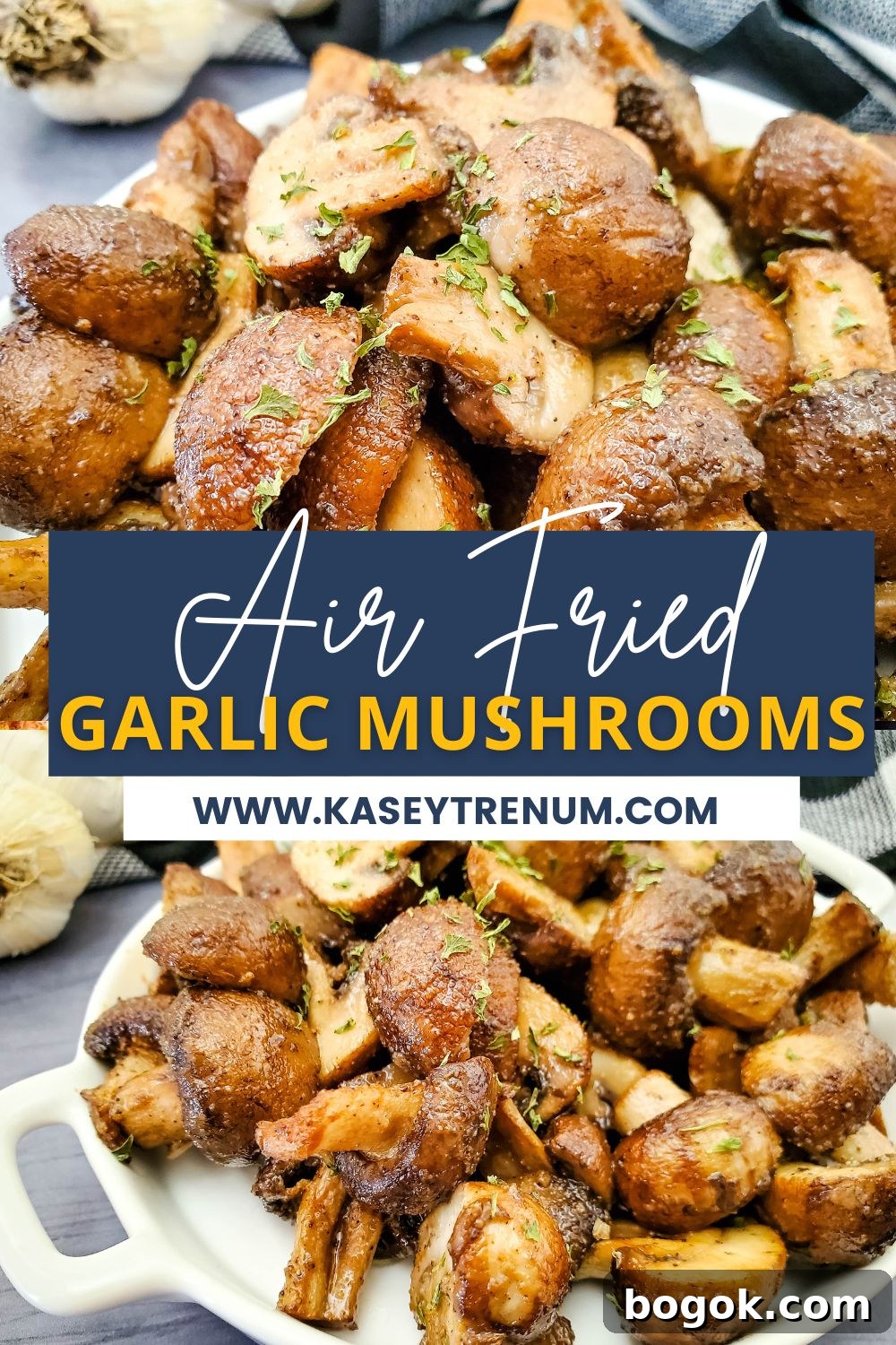 Crispy Garlic Air-Fryer Mushrooms — Low-Carb Side Dish 9 collage image of garlic air fried mushrooms