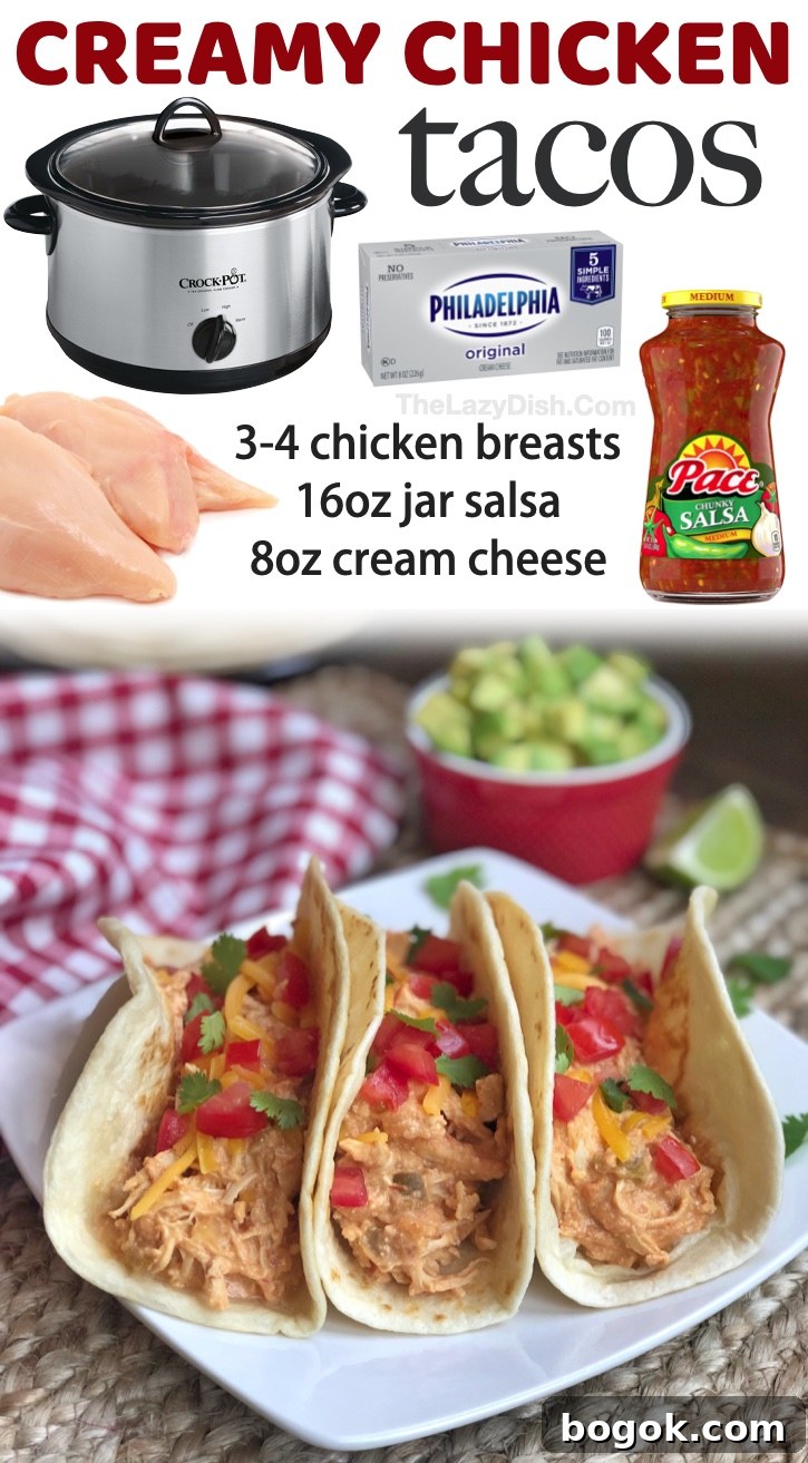 3 Ingredient Creamy Crockpot Chicken Tacos | Quick and easy chicken dinner ideas and recipes for families! Everything from casseroles to simple oven baked chicken breast recipes. Your picky family will love these amazing weeknight meals, even the kids!