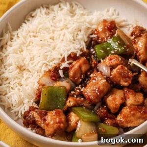 Close up of a plate of Honey Ginger Chicken with rice ready to be eaten.