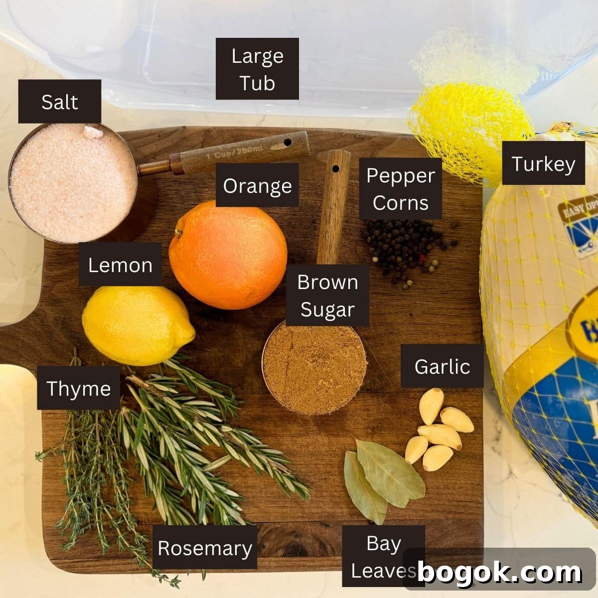 Savory Smoked Turkey Recipe for Tender, Juicy Results 5 smoked turkey ingredients turkey, tub, salt, sugar, lemon, orange, pepper, thyme, rosemary, bay leaves and garlic