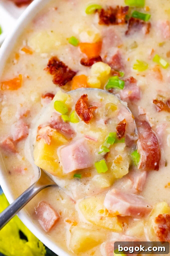 A spoonful of hearty and creamy slow cooker ham and potato soup.