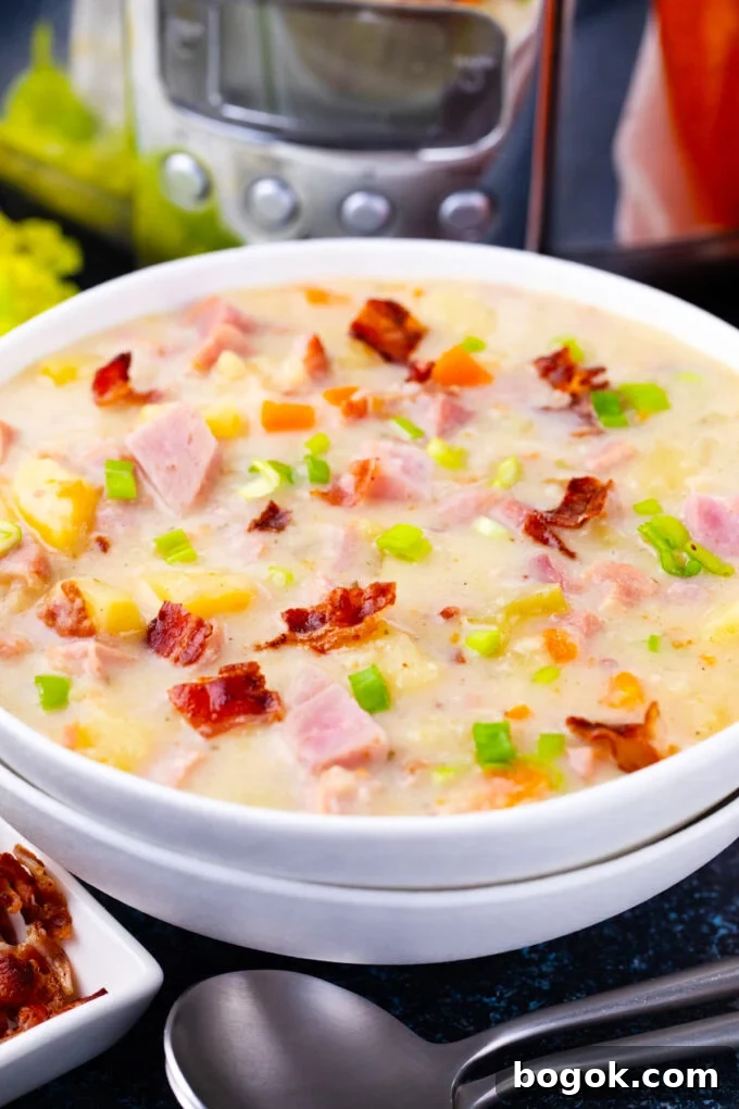 Creamy Slow Cooker Ham & Potato Soup Recipe 12 Crockpot ham and potato soup with bacon.
