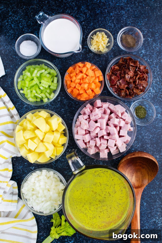 Creamy Slow Cooker Ham & Potato Soup Recipe 4 Overhead shot of slow cooker ham and potato soup ingredients in bowls on a dark table.