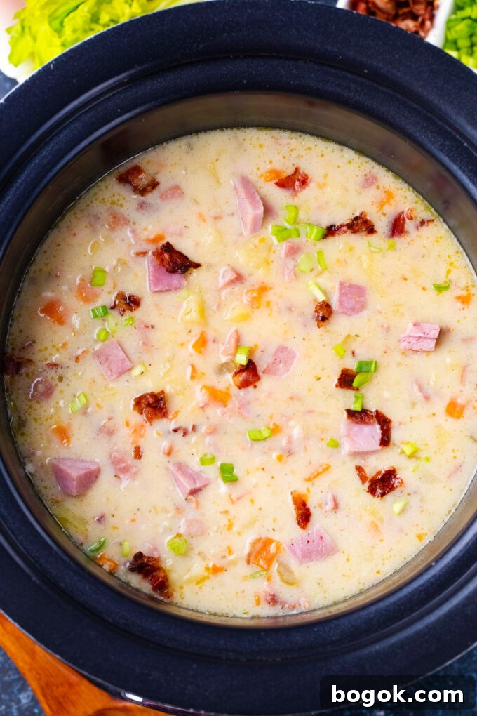 Creamy Slow Cooker Ham & Potato Soup Recipe 10 Overhead shot of crockpot ham and potato soup.