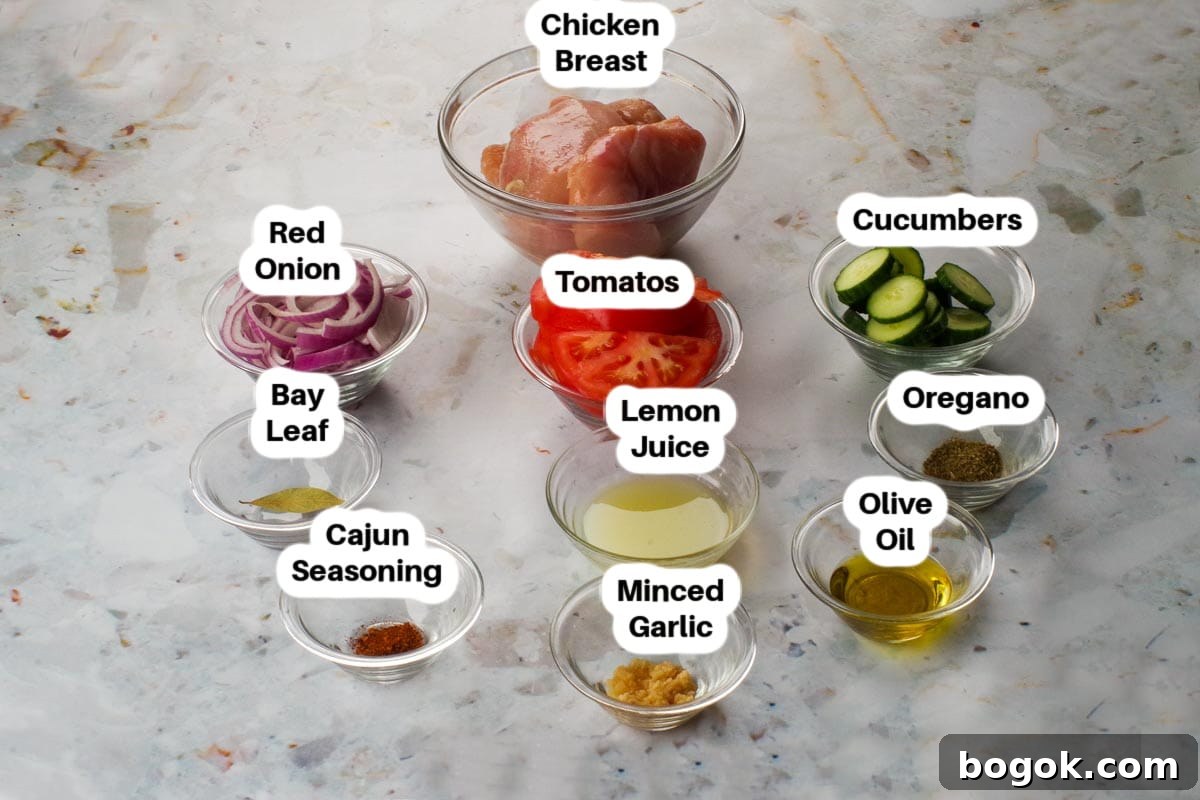 Greek Chicken Souvlaki Without Skewers — Weight Watchers Recipe 3 Lazy Greek Chicken Souvlak ingredients in glass bowls, labelled.
