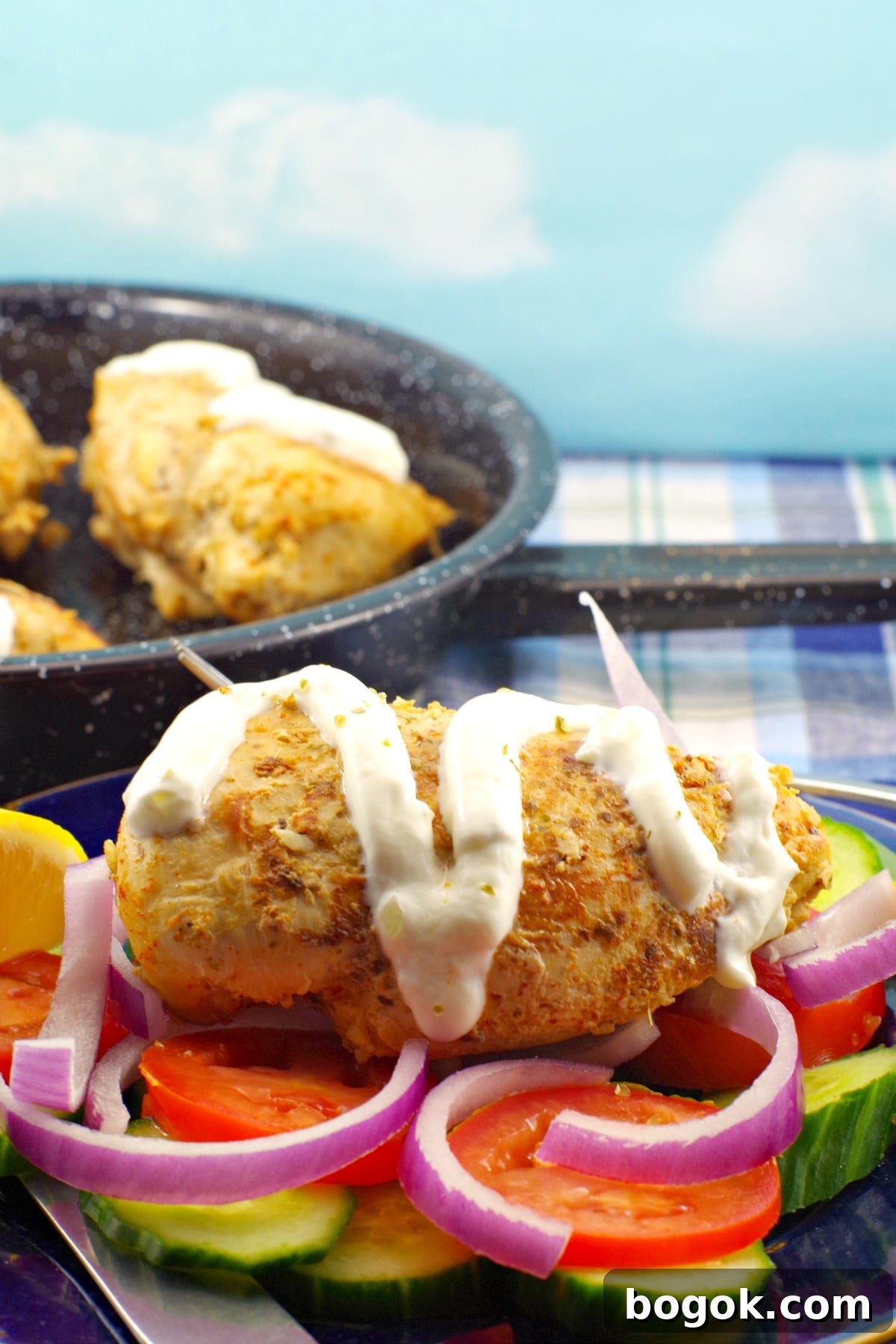 Greek Chicken Souvlaki Without Skewers — Weight Watchers Recipe 4 Greek Chicken breast Souvlaki with tzatziki drizzled on (with no pita and no skewer) on a bed of fresh vegetables