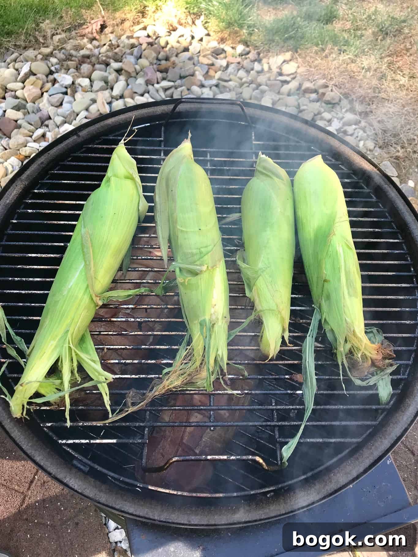 Smoked Corn on the Cob Recipe: Juicy Grilled Sweet Corn with Smoke 5 Corn on the cob in husks on weber grill