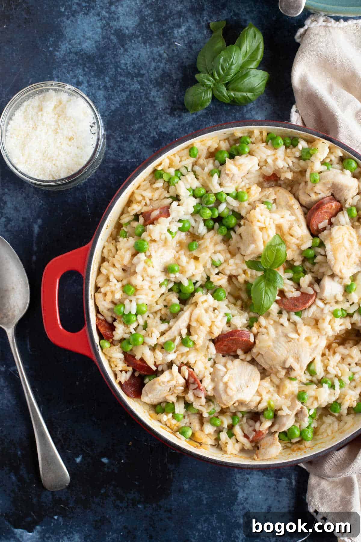 A pan of chicken and chorizo risotto.