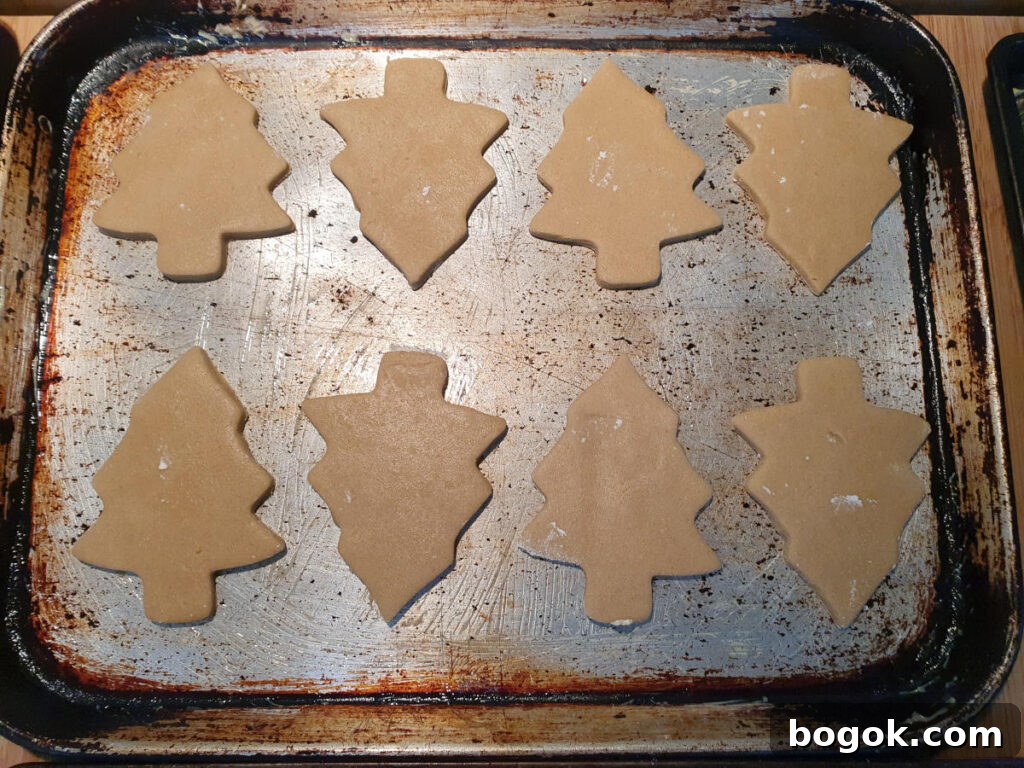 ready to bake christmas tree cookies on a baking tray.