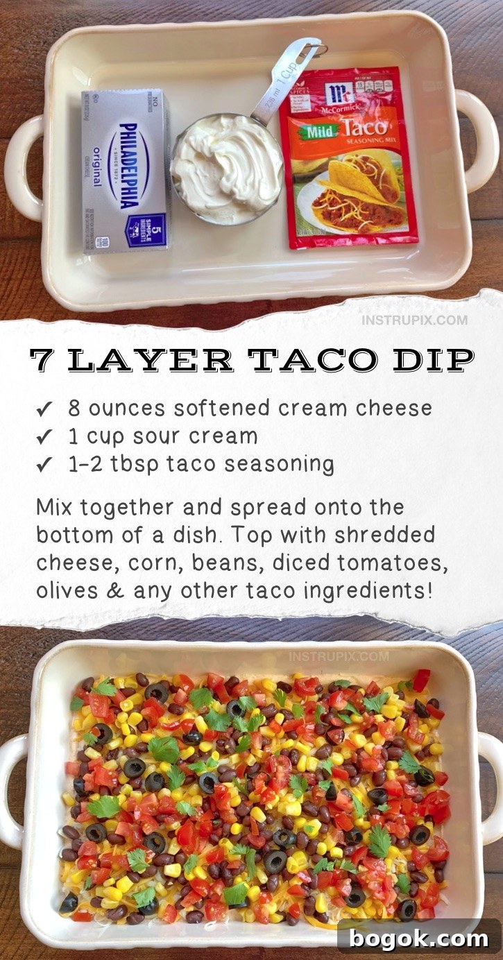 Looking for quick and easy make ahead party appetizers for a crowd? This simple, cheap & cold 7 Layer Taco Dip is made with just 3 ingredients as the base: cream cheese, sour cream and taco seasoning, then top it with the fresh ingredients of your choice. It's an amazing cold appetizer dip for a party that everyone will love! If you're looking for crowd pleasers, this appetizer snack is perfect for game day, super bowl parties, birthday parties or any get together! Serve it with tortilla chips.