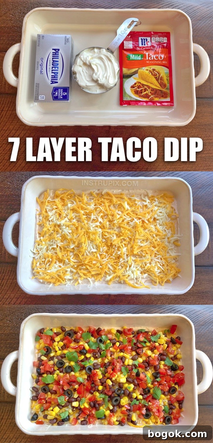 The BEST quick & easy make-ahead party appetizer for tortilla chips! If you’re looking for simple and cheap party dip recipes that will disappear in seconds, this Southwest Style 7 Layer Taco Dip is a breeze to put together with just 3 ingredients for the base: cream cheese, sour cream and taco seasoning. And because it’s served cold, you can make it ahead of time and then simply whip it out when it’s time to party. That’s my favorite kind of party dip! Perfect for feeding a crowd.