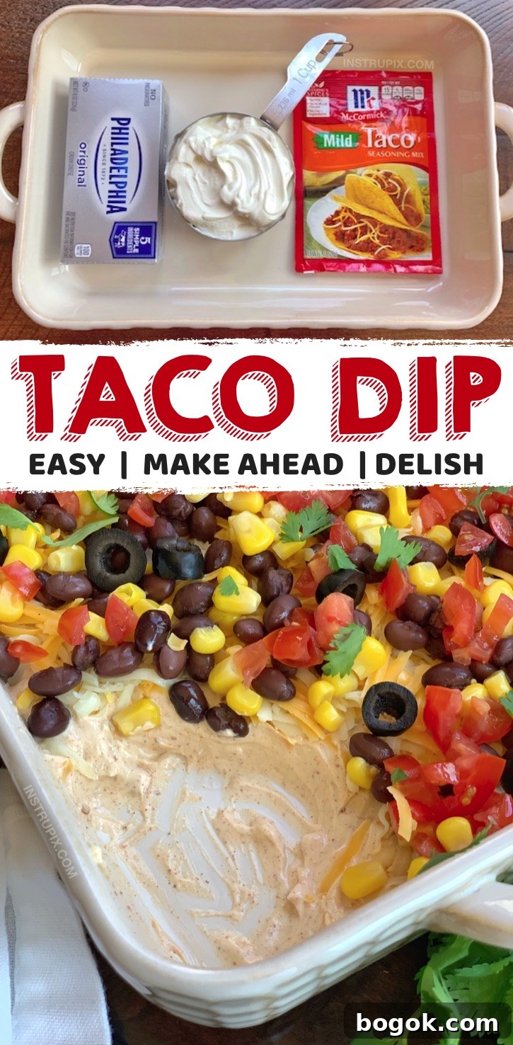 Looking for easy make ahead party dips for a crowd? This simple, cheap and cold 7 Layer Taco Dip is made with just 3 ingredients as the base: cream cheese, sour cream and taco seasoning. It's an amazing cold appetizer dip for a party-- huge hit! If you're looking for the BEST crowd pleasers, this appetizer snack is perfect for game day, super bowl parties, birthday parties or any get together! Serve it with tortilla chips.