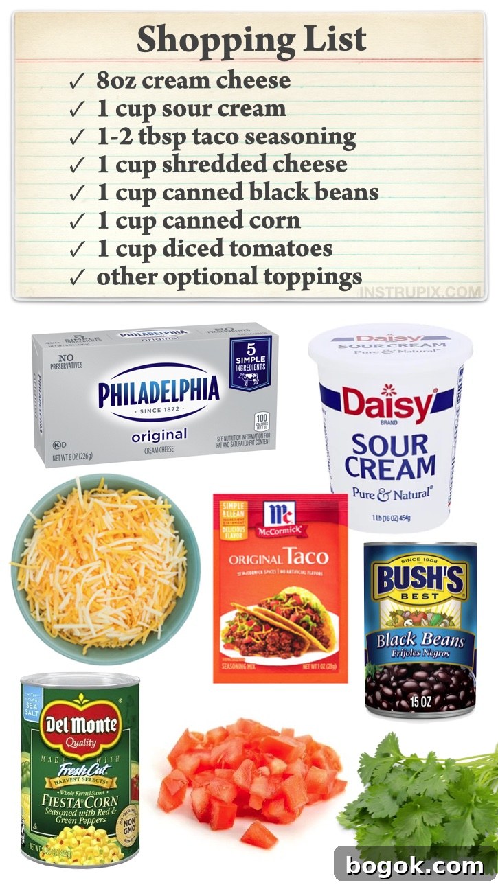 Easy Cold 7 Layer Taco Dip Party Appetizer (Quick and easy make ahead dip for a crowd!) Serve with tortilla chips.