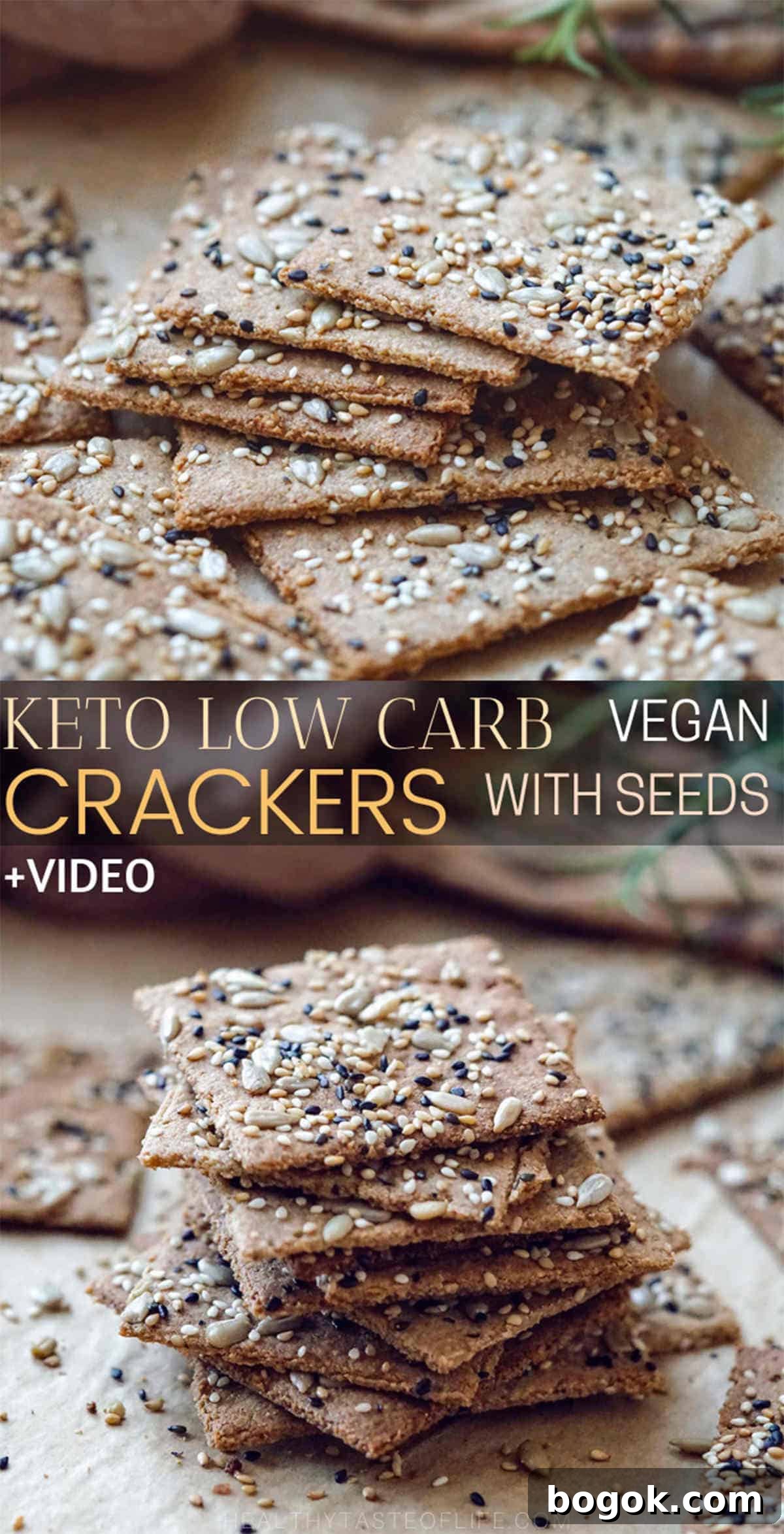 Crispy homemade low carb keto seed crackers recipe (+ video) that's also dairy free, gluten free, grain free, nut free, paleo and vegan. These keto crackers are made with flax seeds, sunflower seeds, sesame seeds healthy fat and grain free flour. A low carb keto snack great for anyone who is following a dairy free, vegan keto diet, no cheese, no eggs and no almond flour here. #ketocrackers