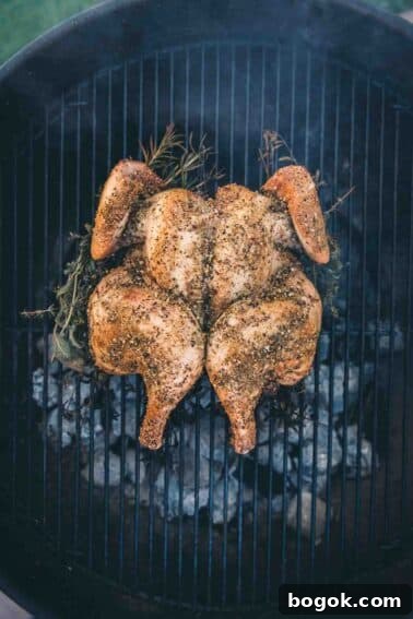 Overhead shot of spatchcock chicken over a bed of charcoal.