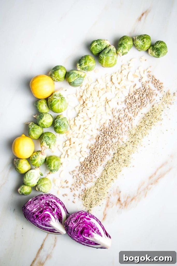 A gorgeous display of ingredients for Shredded Brussels Sprouts Salad:  sprouts, purple cabbage and lemons arranged freeform like a giant letter "C" and then stripes of scattered sliced almonds, sunflower seeds and hemp seeds on a marble countertop flecked with tan and gray abstract markings. 