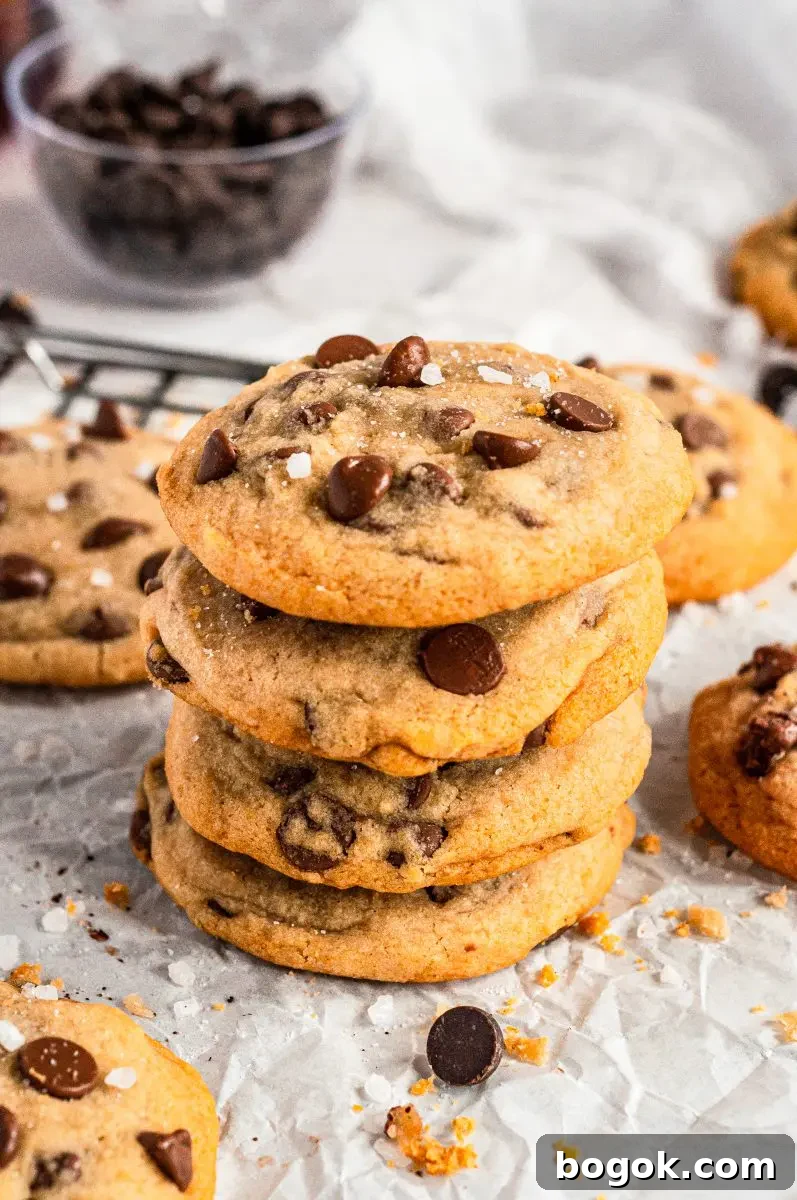 A stack of 4 golden honey chocolate chip cookies full of dark brown chocolate chips.