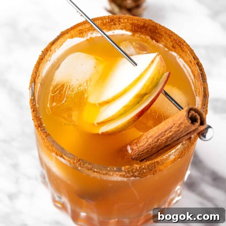 An apple cider margarita garnished with apple slices and a cinnamon stick.