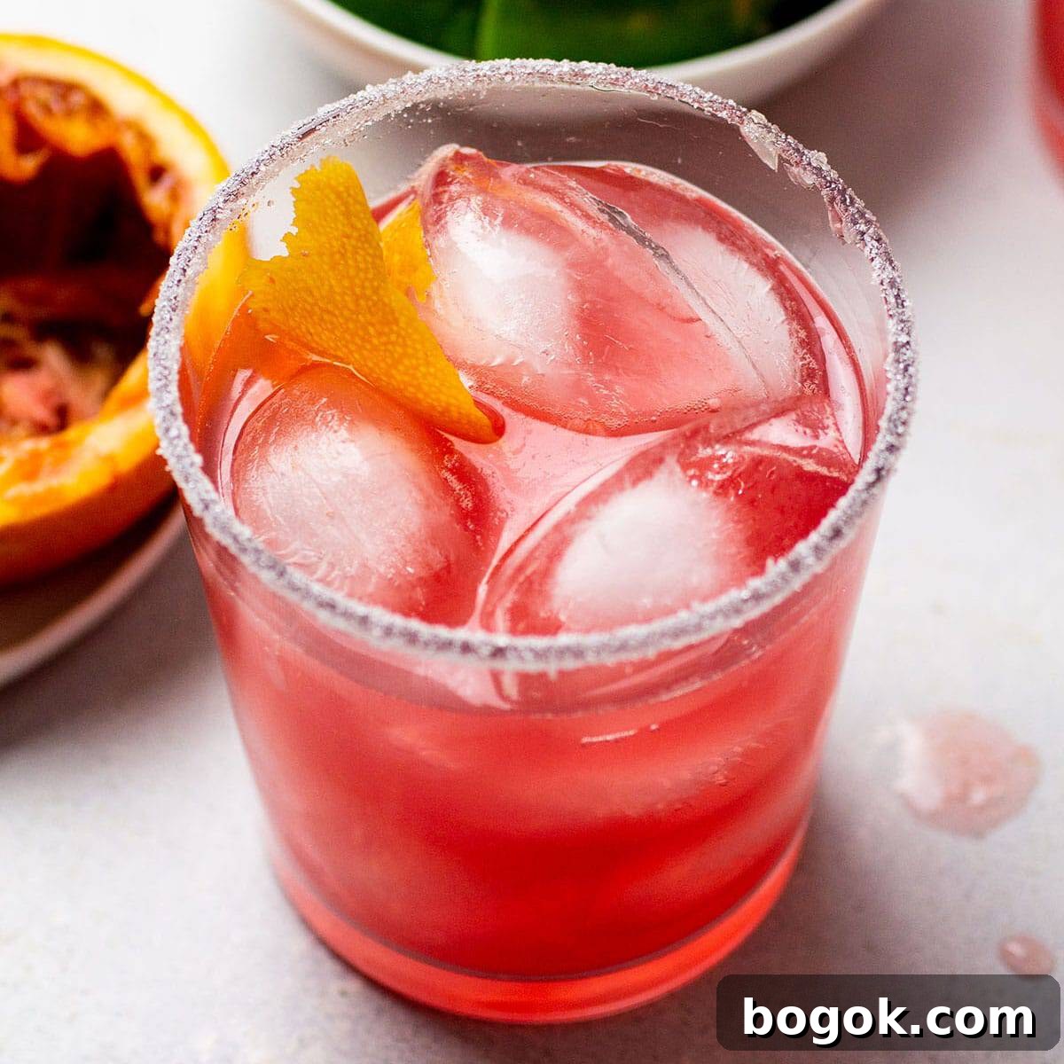 A blood orange margarita garnished with an orange peel twist.