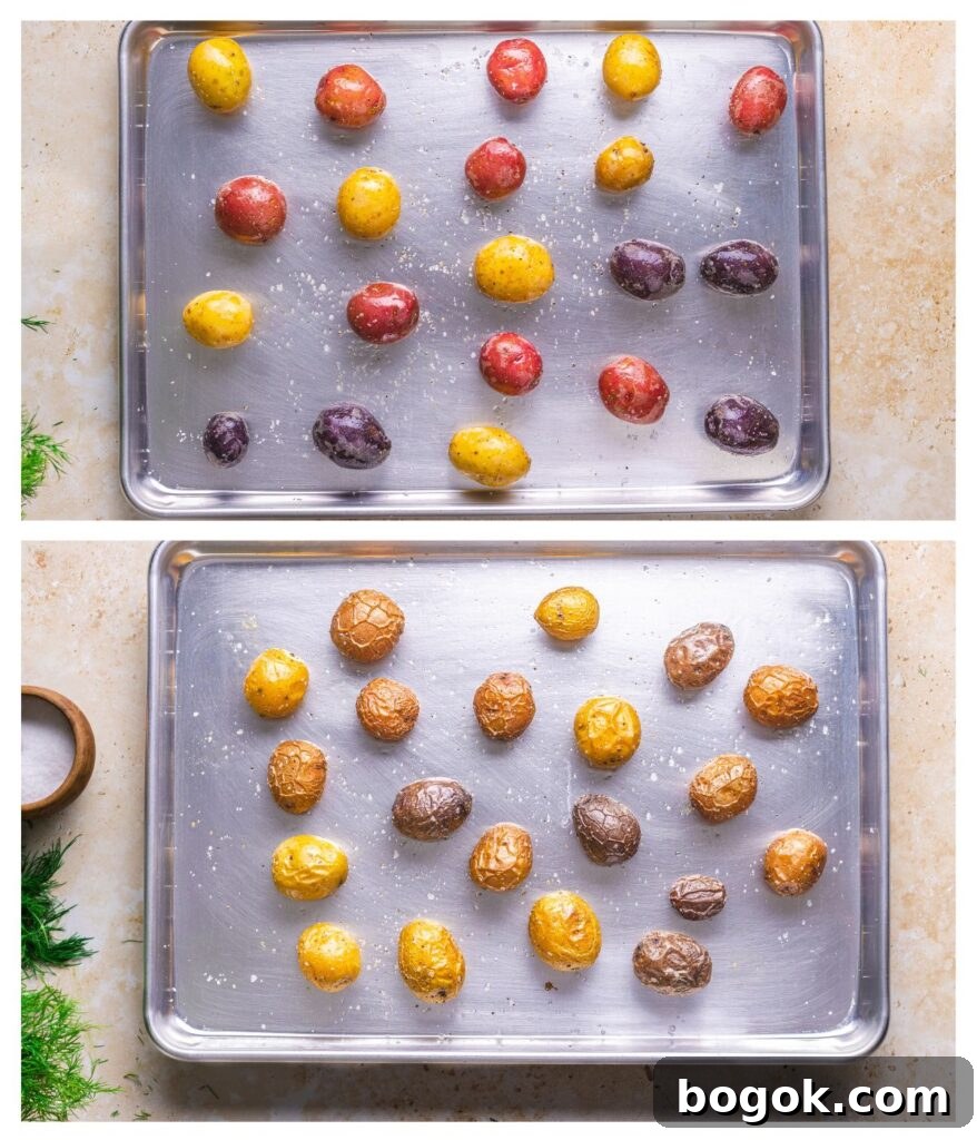 process shot of baked potatoes on a baking sheet