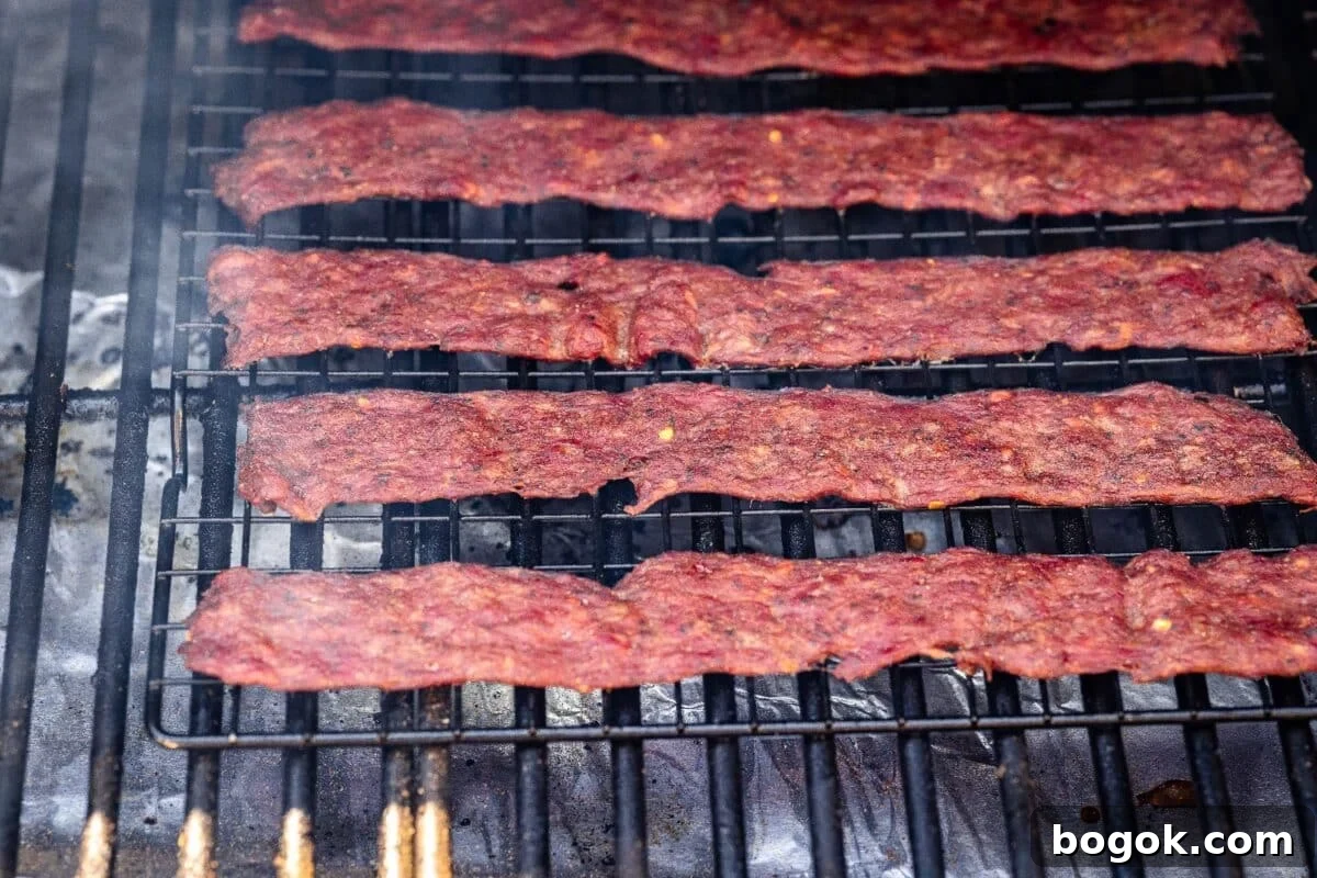 Venison jerky strips drying on smoker grates.