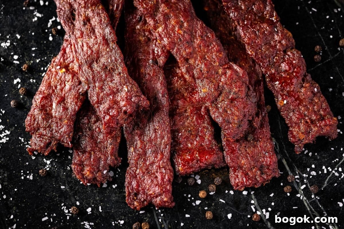 Ground venison jerky piled on a black platter.