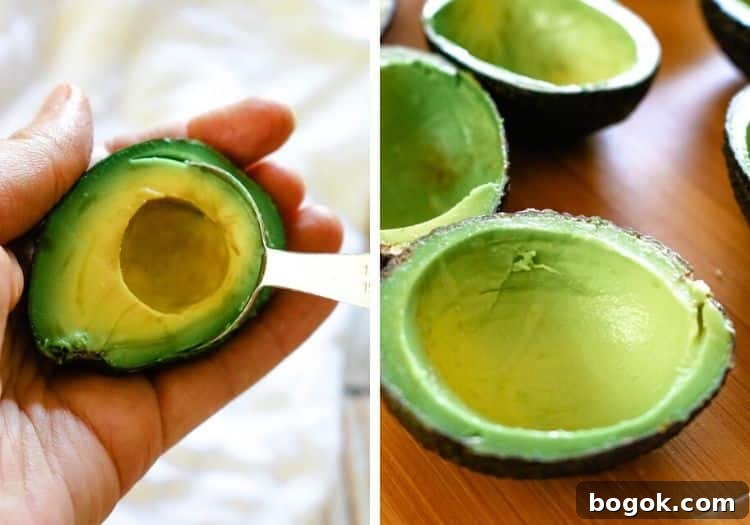 Caprese-Stuffed Avocados with 5 Ingredients 5 Pictures on how to scoop avocado flesh from the peel with a spoon with thin edges.