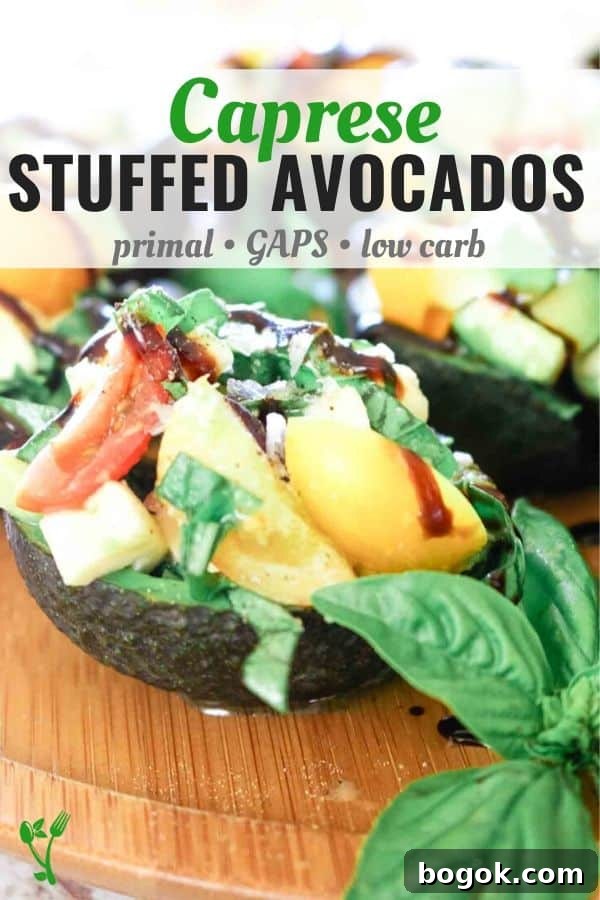 Caprese-Stuffed Avocados with 5 Ingredients 8 Caprese Stuffed Avocados that are primal low carb and GAPS compliant