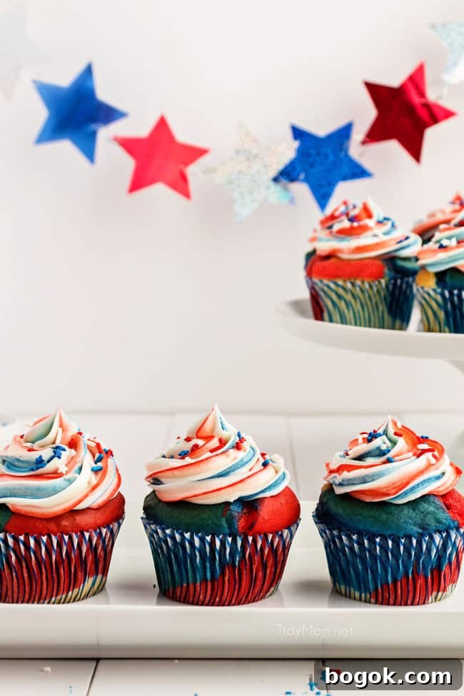 red white and blue cupcake on a platter