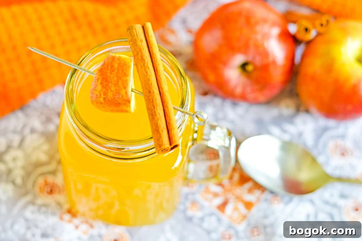 Hot apple cider spiked with caramel vodka in a glass mug with apple and cinnamon stick garnish. Next to the mug are apples and a spoon.