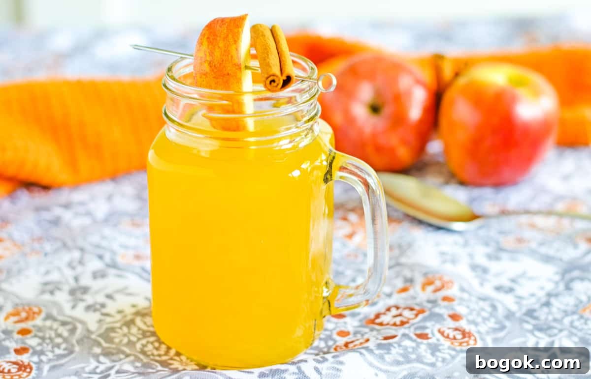 Boozy hot apple cider in glass mason jar mug topped with skewer with fresh apple slice and a cinnamon stick