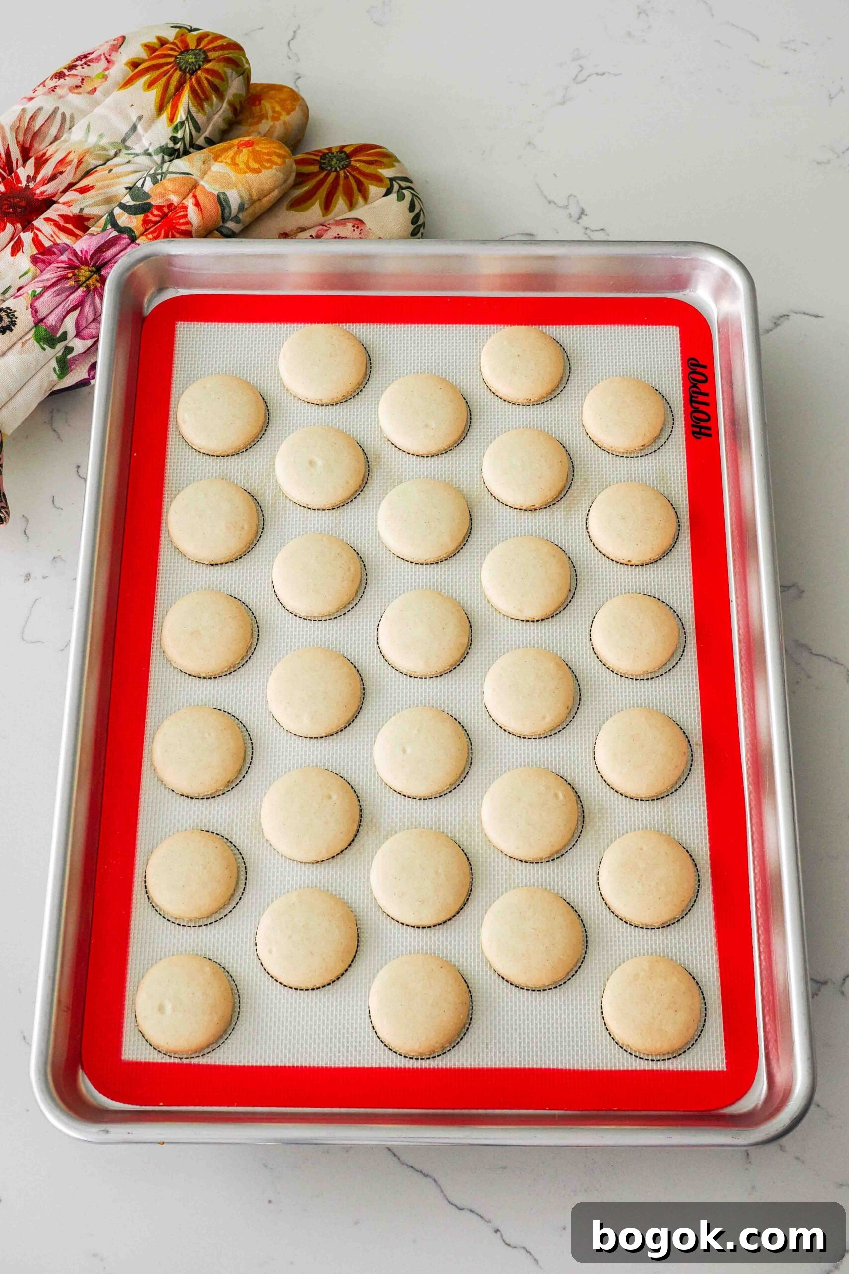 White Chocolate and Pomegranate Macarons — Recipe & Tips 13 A tray of baked macaron shells on a counter.