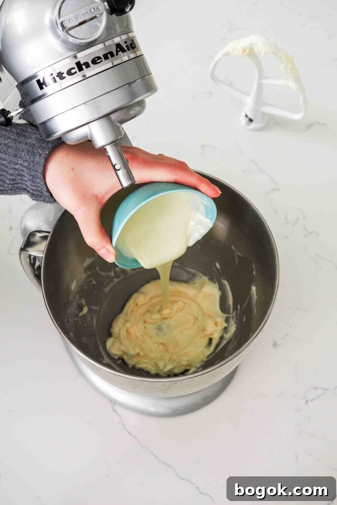 White Chocolate and Pomegranate Macarons — Recipe & Tips 14 Melted white chocolate is poured into a well of buttercream in a stand mixer bowl.