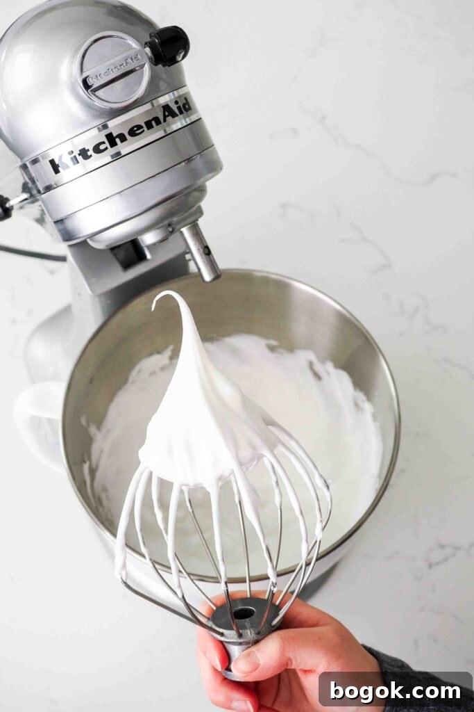 White Chocolate and Pomegranate Macarons — Recipe & Tips 8 A hand holds up a whisk attachment full of stiff meringue.