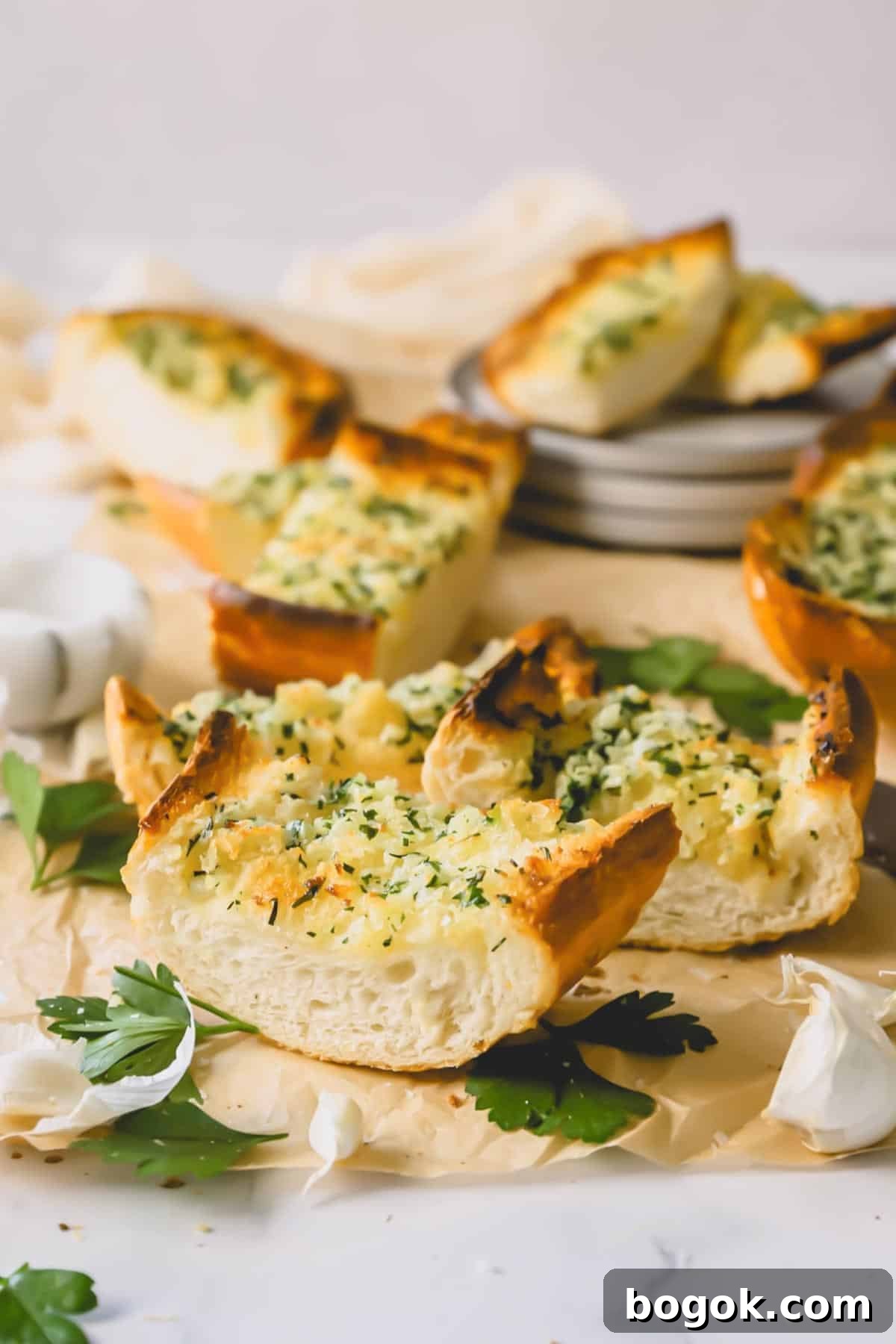 Garlic Bread Recipe with Crispy Herb Butter Crust 3 Pieces of garlic bread topped with an herbed butter spread.