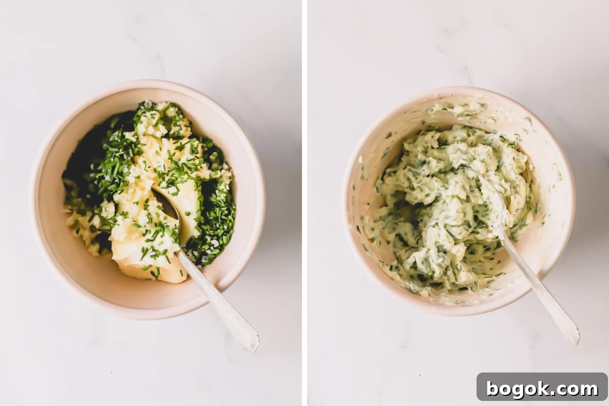 Garlic Bread Recipe with Crispy Herb Butter Crust 5 Two images showing butter being mixed with herbs and garlic in a bowl.