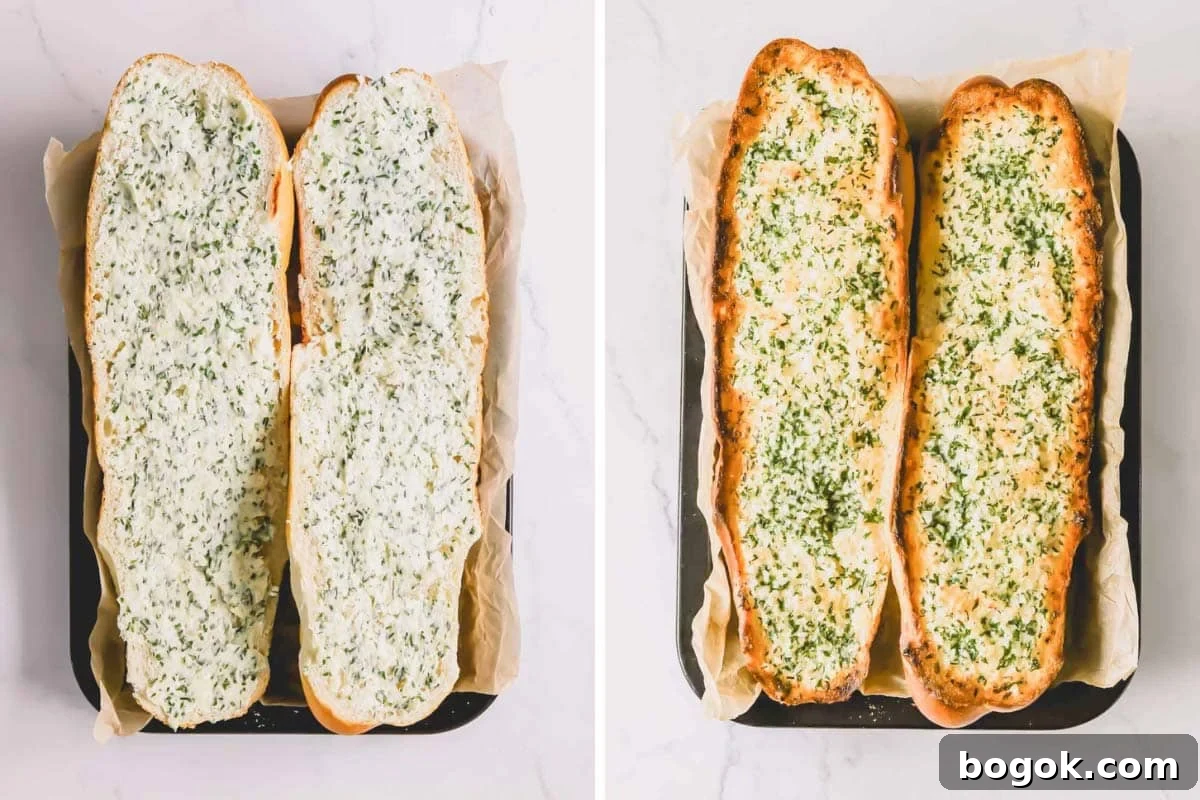 Garlic Bread Recipe with Crispy Herb Butter Crust 6 Two images showing two halves of French bread topped with garlic butter one unbaked and the other baked.
