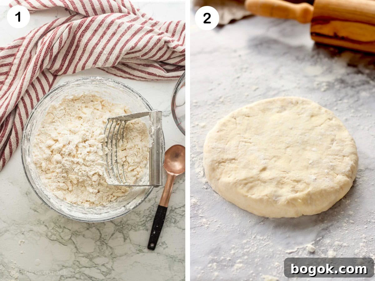 Photo collage of butter in flour in bowl and raw pie dough on marble countertop.